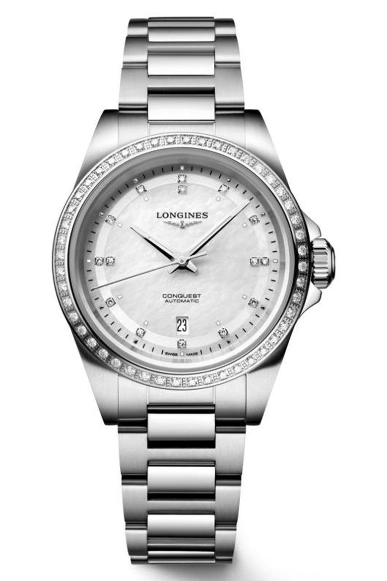 Conquest Diamond & Mother-of-Pearl Automatic Bracelet Watch, 30mm, Main, color, WHITE MOTHER OF PEARL