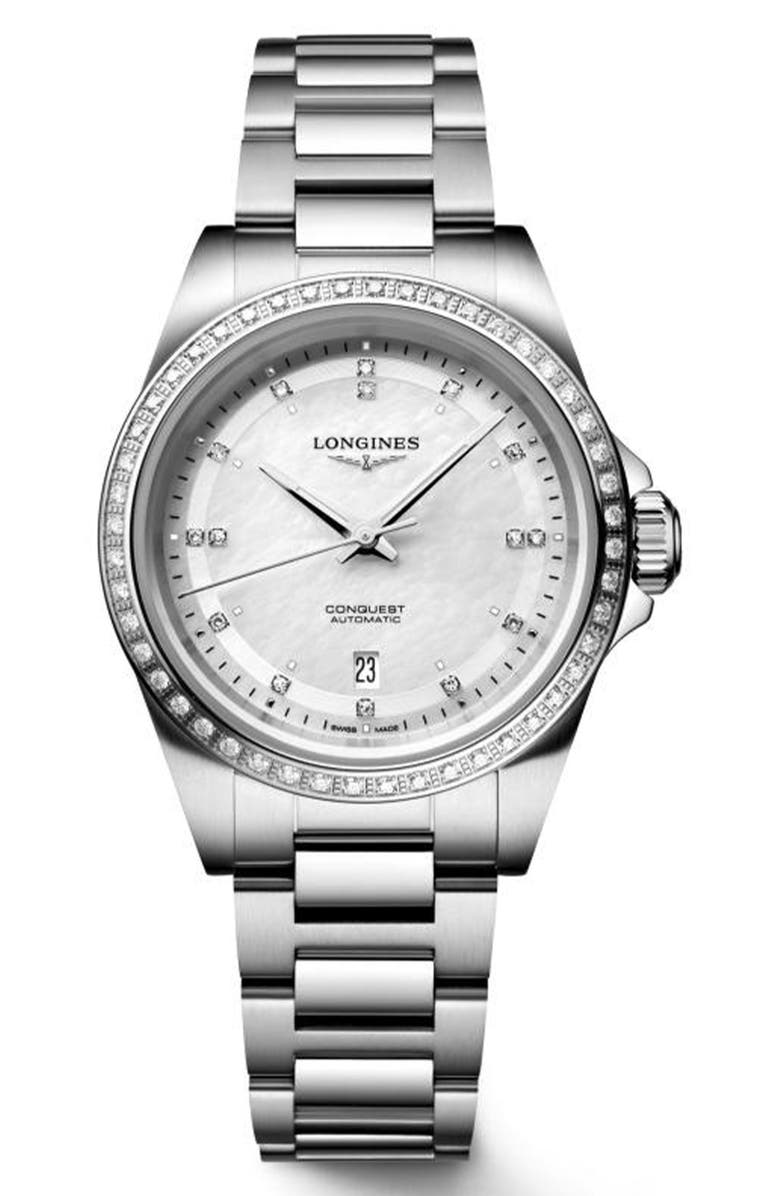 Longines Conquest Diamond & Mother-of-Pearl Automatic Bracelet Watch, 30mm, Main, color, White Mother Of Pearl