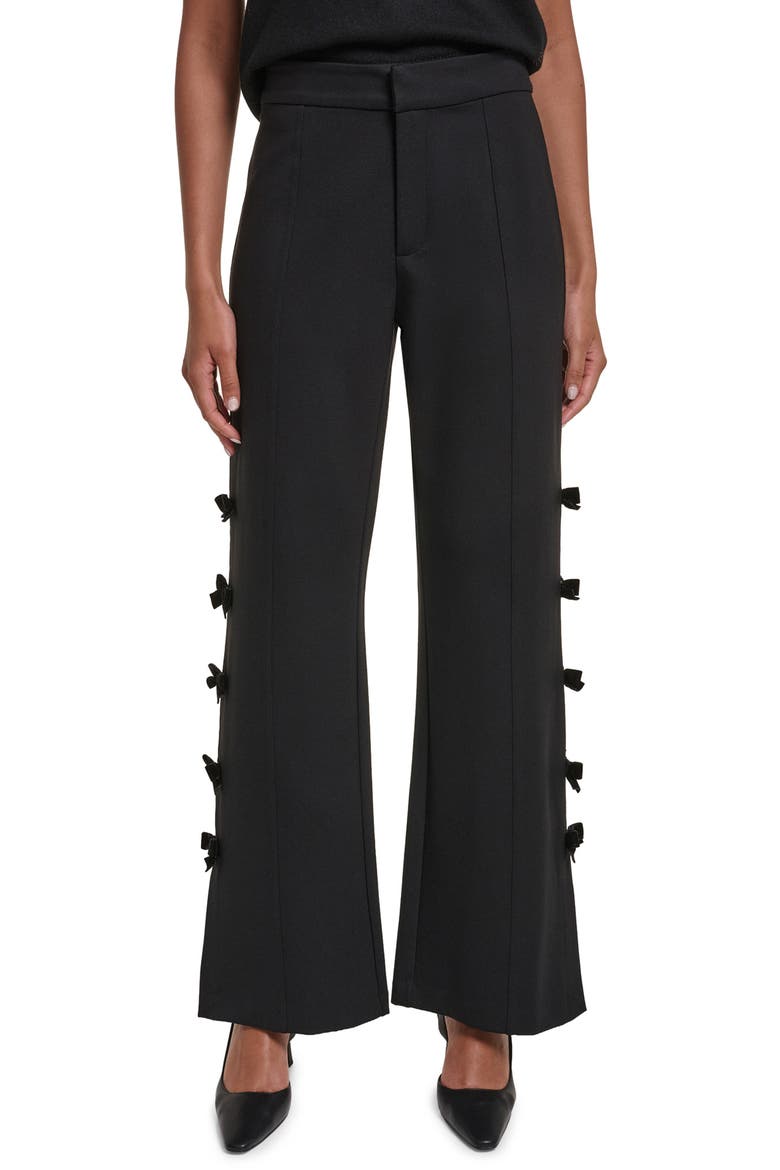 Bow Trim Pintuck Trouser Pants, Main, color, BLACK