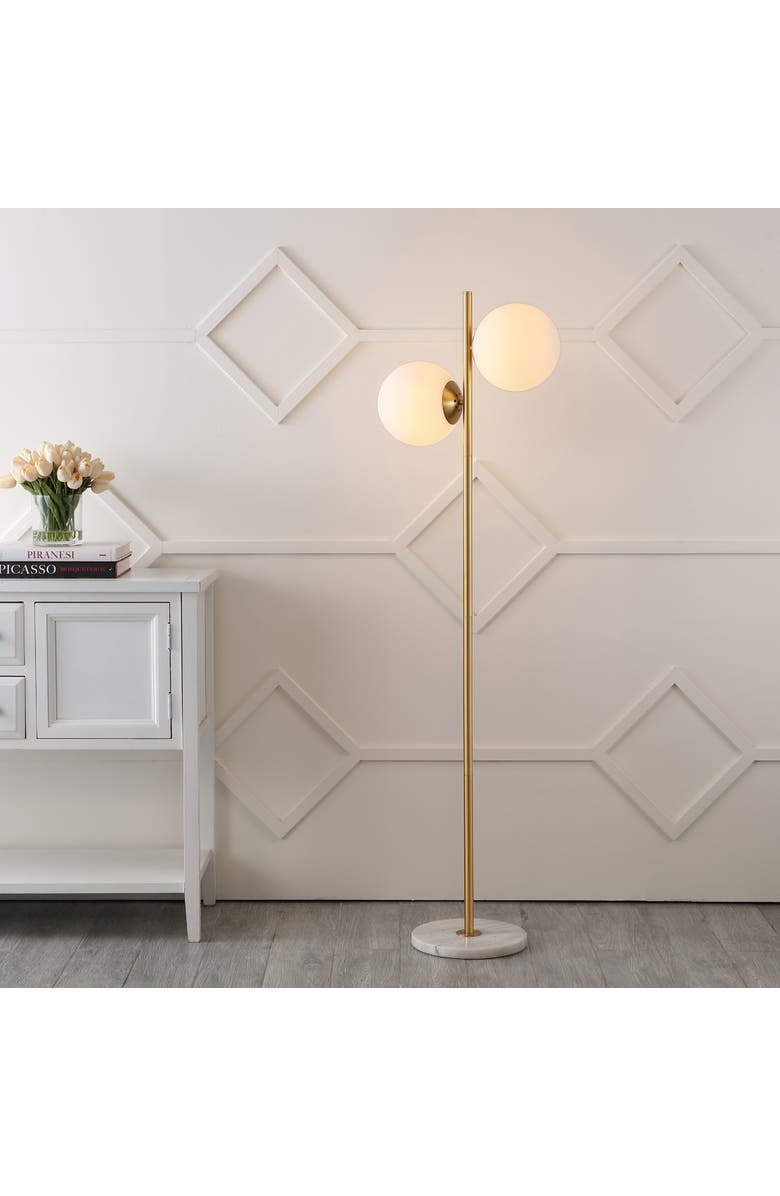 JONATHAN Y Oscar 60.5" 2-Light Modern Parisian Candlestick Iron LED Floor Lamp, Brass Gold/White, Alternate, color, Brass Gold