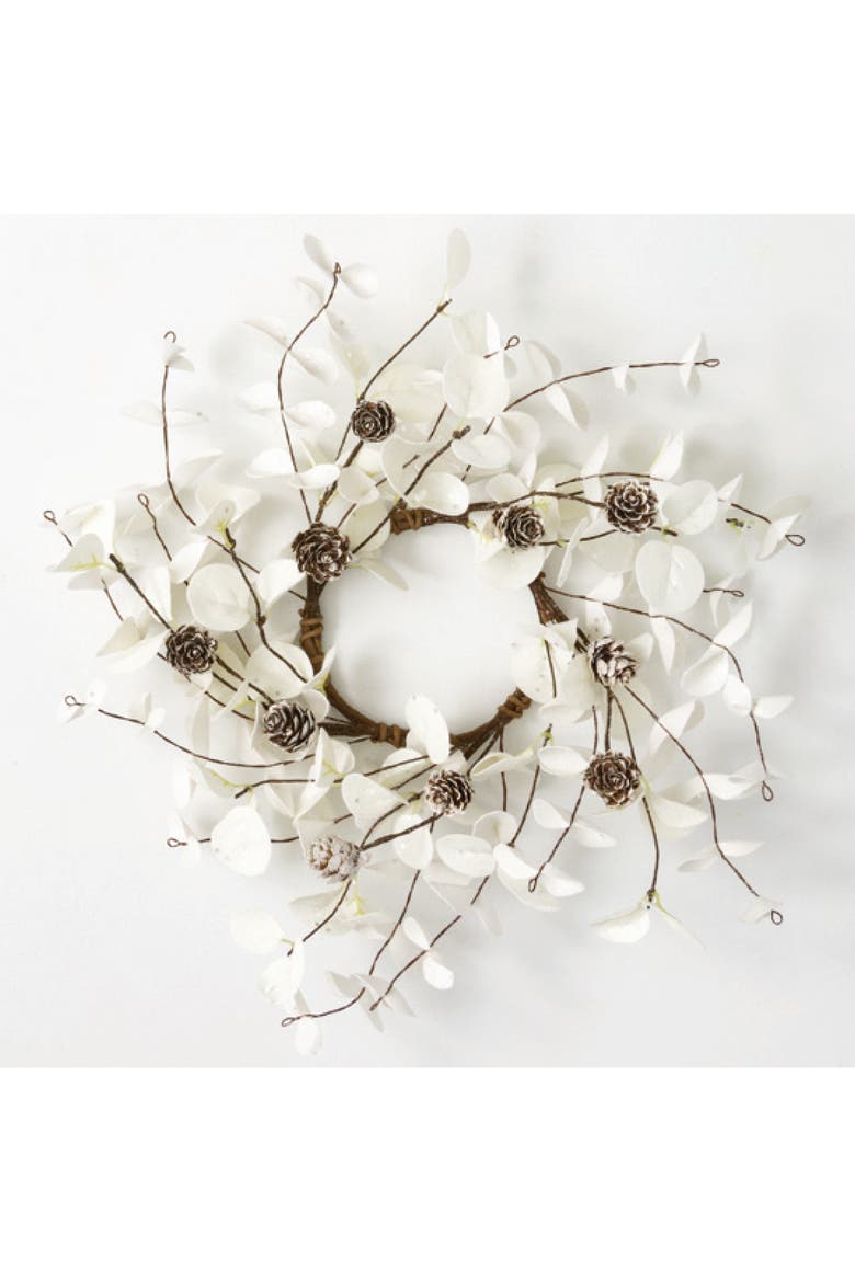 Sullivan's Christmas Eucalyptus Cone Candle Ring, White Faux Floral Decor for Crafting, Weddings, Home and Holiday Decoration, 12 Inch, Main, color, White