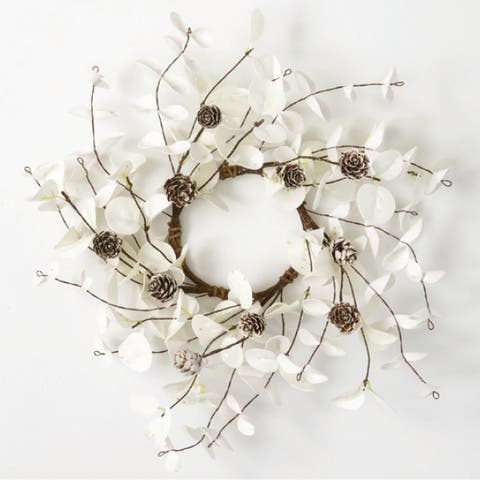 Sullivan's Christmas Eucalyptus Cone Candle Ring, White Faux Floral Decor for Crafting, Weddings, Home and Holiday Decoration, 12 Inch