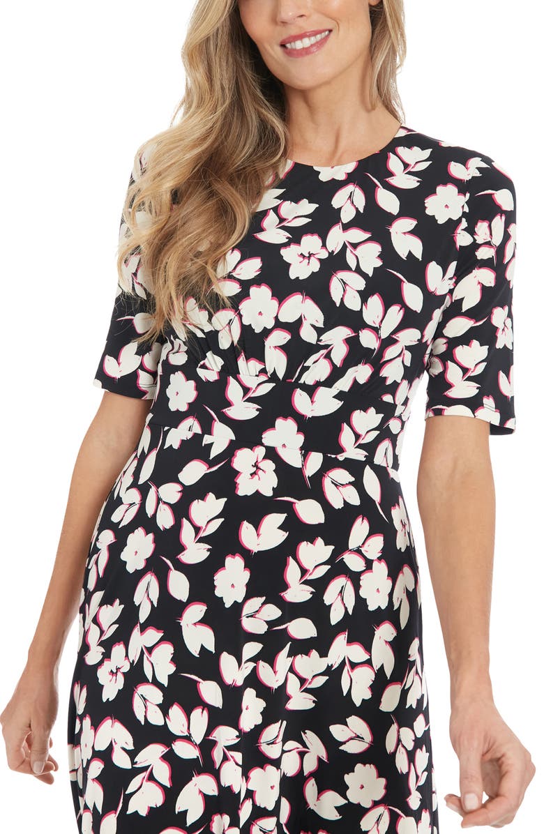 London Times Short Sleeve Midi Dress, Alternate, color, Black/ Ivory