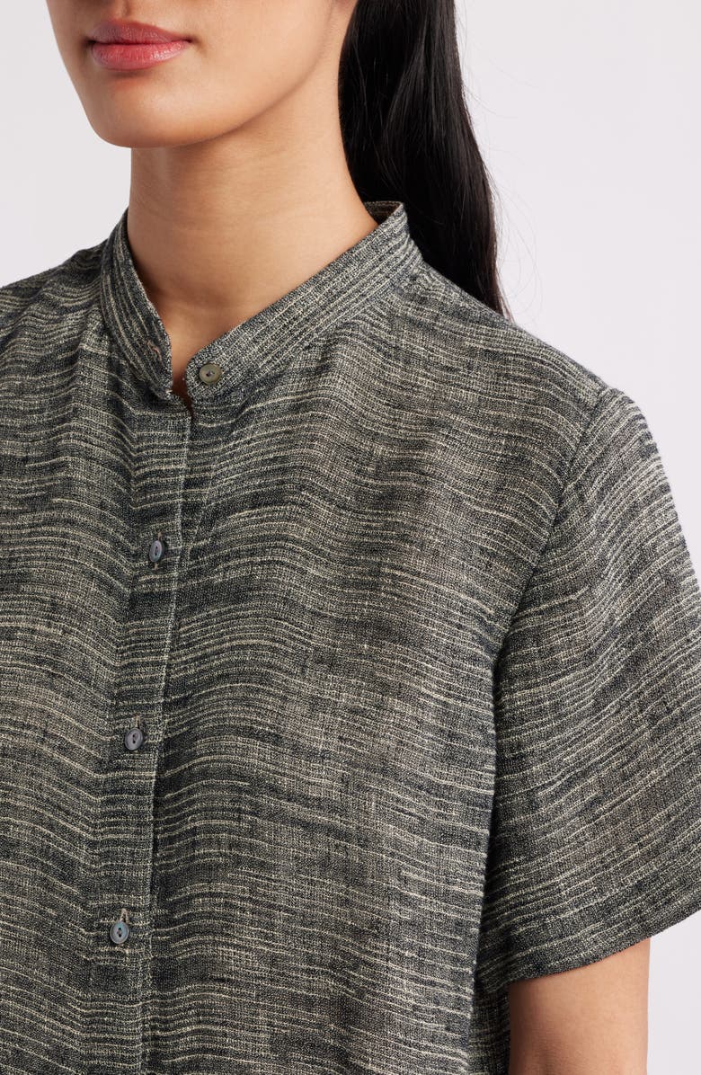 Eileen Fisher Short Sleeve Organic Linen Blend Button-Up Shirt, Alternate, color, Black/ Natural