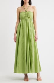 Parker Ruched Halter Neck Cotton Maxi Sundress