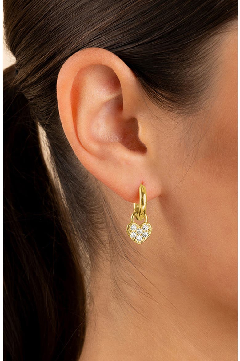 Jeanette Pavé Cubic Zirconia Heart Drop Huggie Hoop Earrings, Alternate, color, GOLD