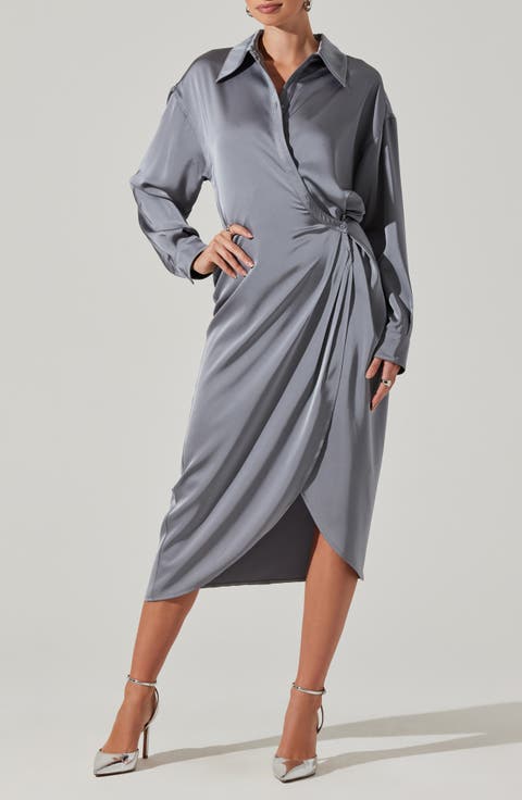 Ira Long Sleeve Satin Shirtdress