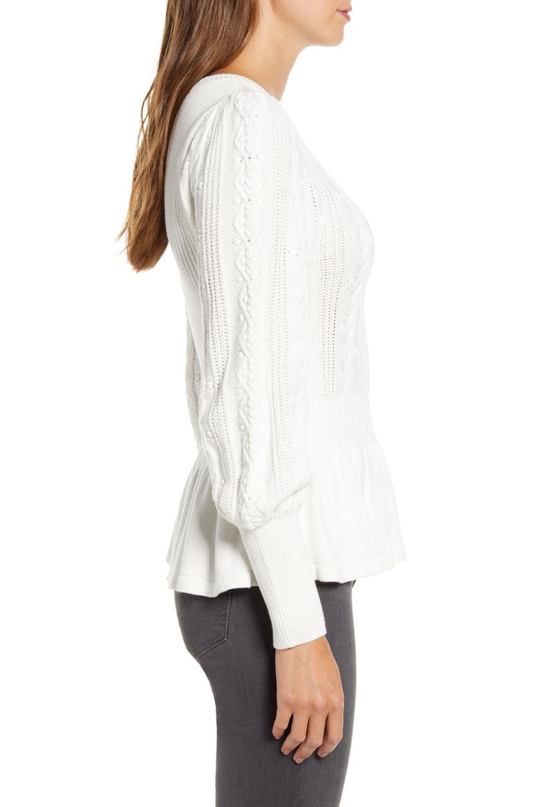 Cable Bobble Peplum Cotton Blend Sweater, Alternate, color, IVORY CLOUD