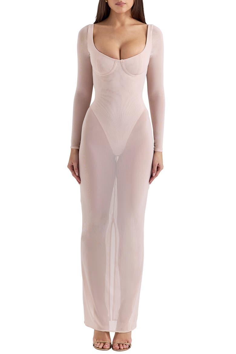 Everly Long Sleeve Sheer Mesh Cocktail Maxi Dress, Main, color, SILVER PEONY