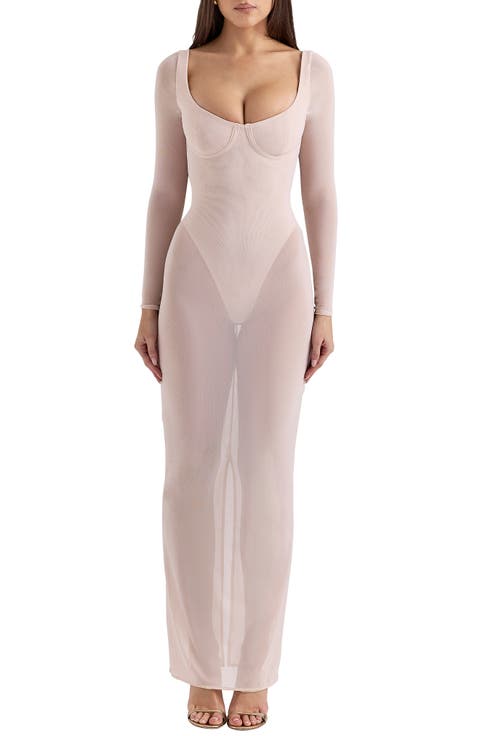 Everly Long Sleeve Sheer Mesh Cocktail Maxi Dress