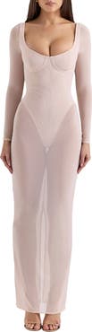 HOUSE OF CB Everly Long Sleeve Sheer Mesh Cocktail Maxi Dress