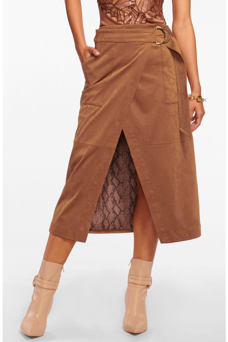 Delphia Faux Suede Wrap Skirt, Main, color, SADDLE