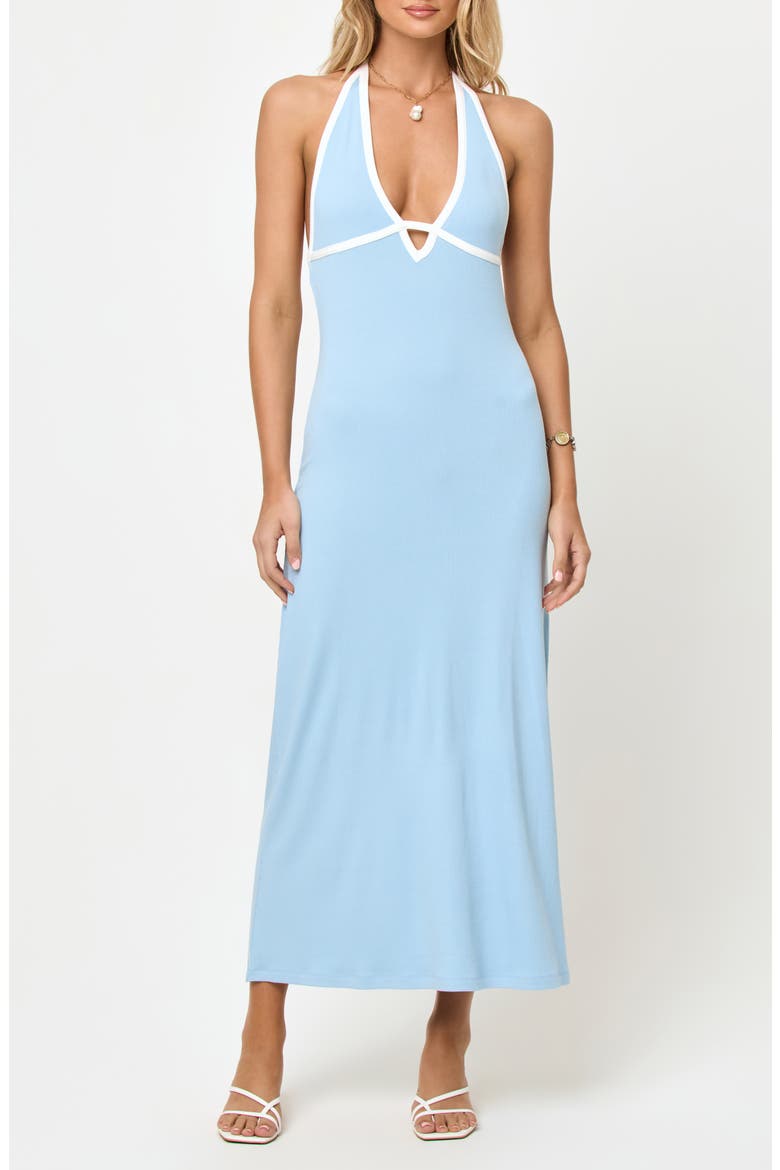 Shea Contrast Binding Halter Rib Maxi Cover-Up Dress, Main, color, SKY BLUE / CREAM