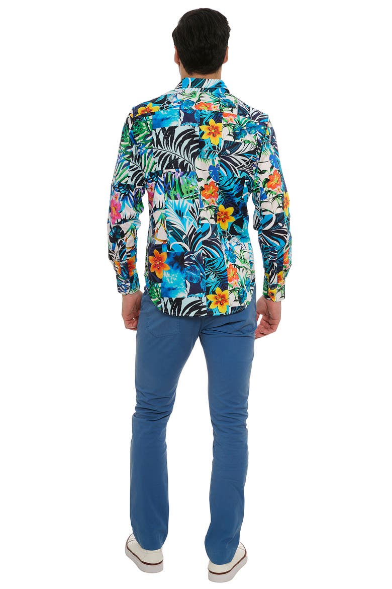 Tahiti Floral Stretch Cotton Button-Up Shirt, Alternate, color, BLUE MULTI