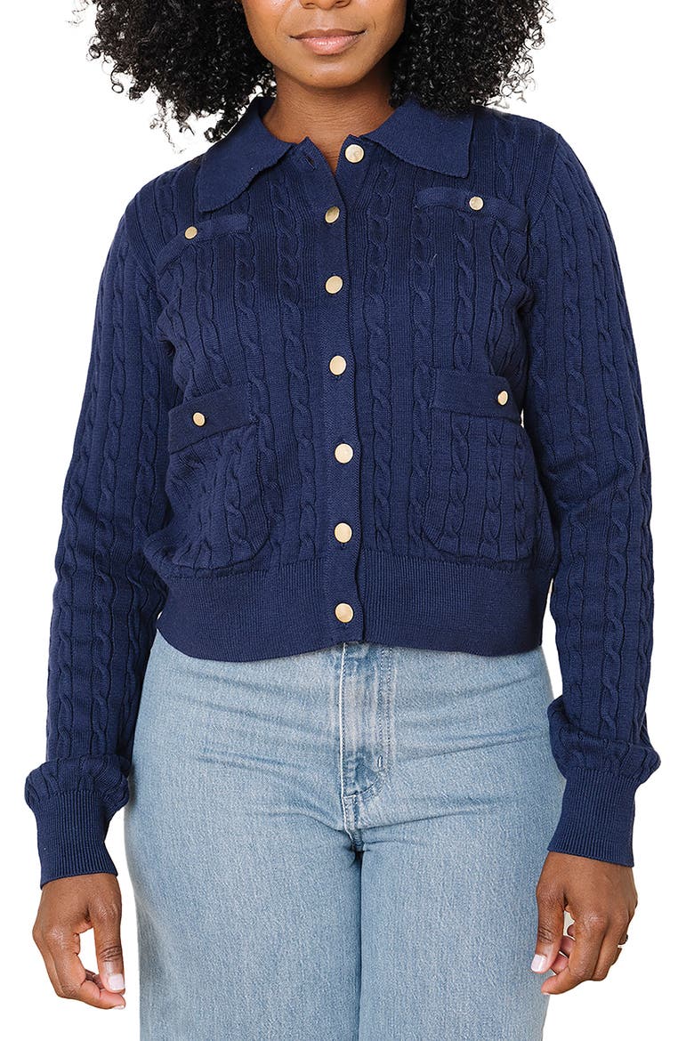 Organic Cable Knit Collared Cardigan Sweater, Main, color, Navy Cable