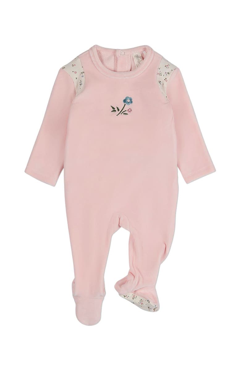 MiniMoi Baby Girls Embroidered Velour Footie, Main, color, Pink
