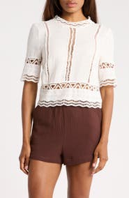 Ellen Tracy Short Sleeve Cotton Crosshatch Crop Top