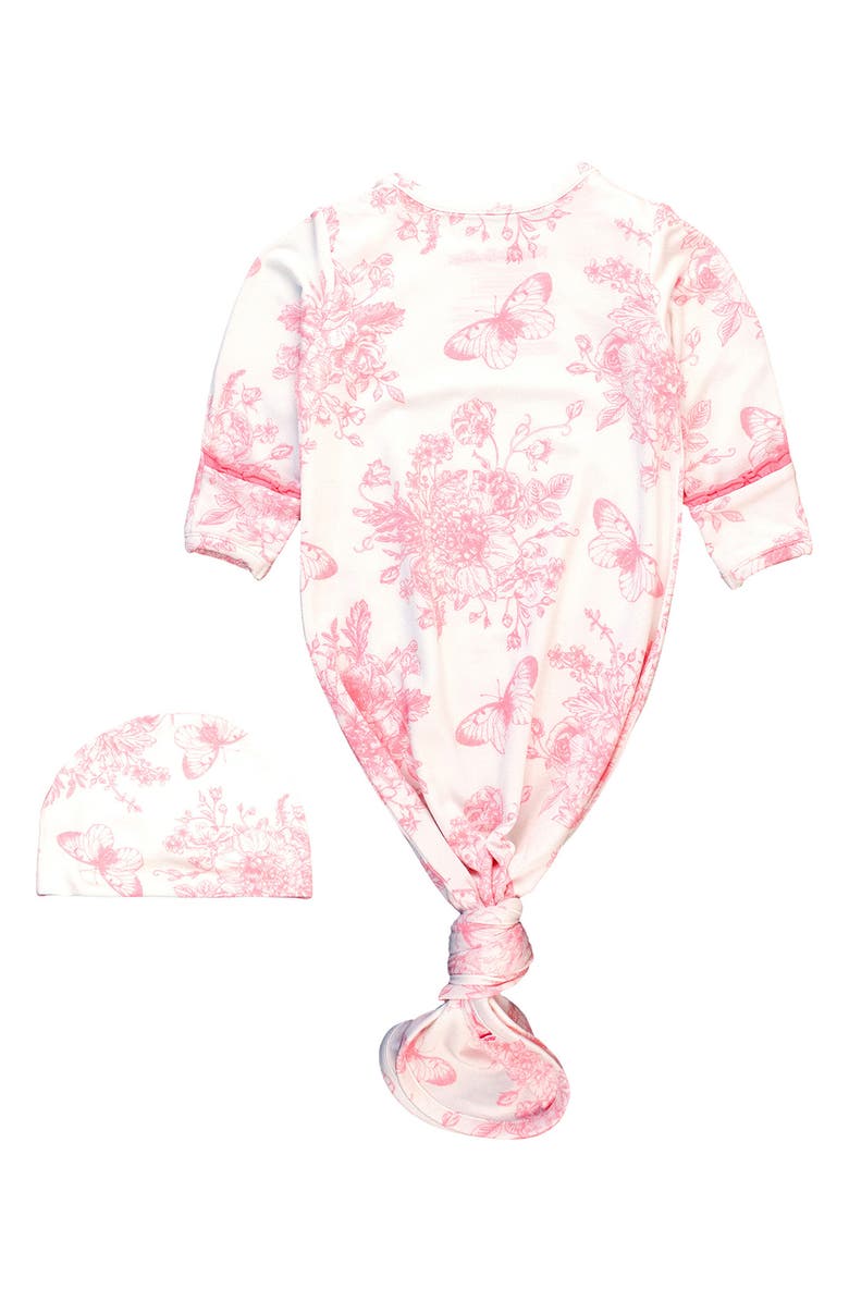 RuffleButts Knotted Gown & Hat Set, Alternate, color, White/Pink