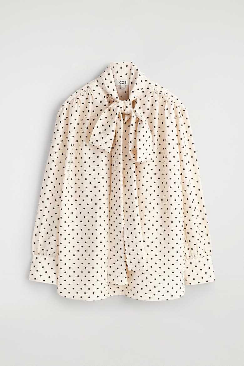 Scarf-Detail Polka-Dot Shirt, Alternate, color, IVORY / BLACK / POLKA DOT