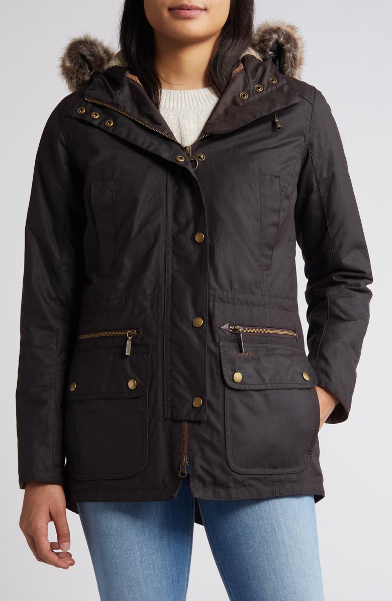 Barbour Kelsall Faux Fur 
Faux Shearling Trim Waxed Cotton Parka, Main, color, 