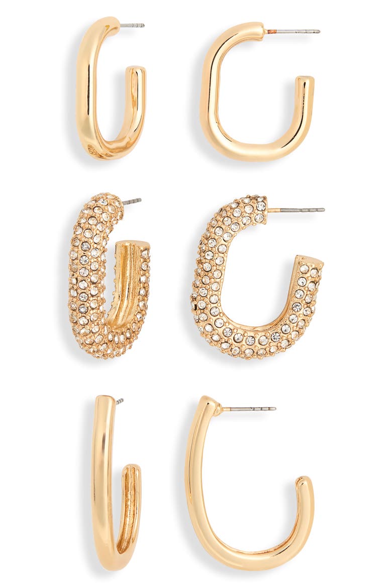 Set of 3 Hoop Earrings, Main, color, CLEAR- GOLD