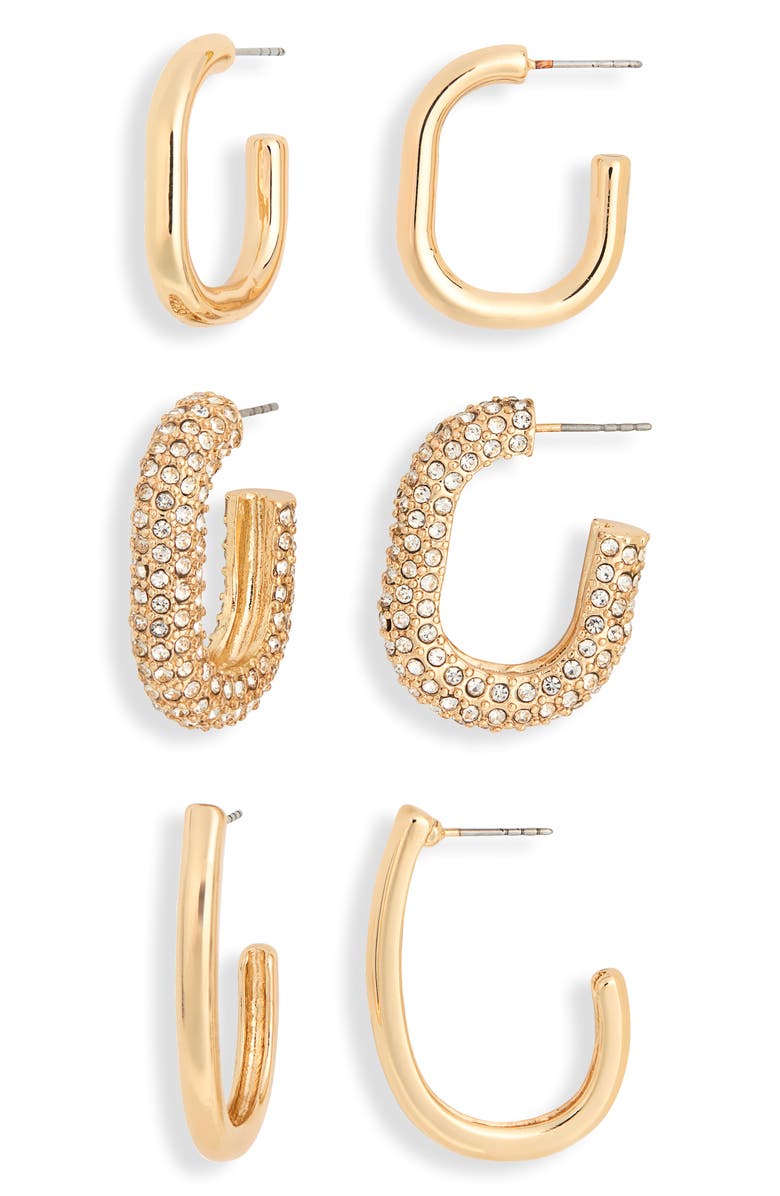 NORDSTROM RACK Set of 3 Hoop Earrings, Main, color, Clear- Gold
