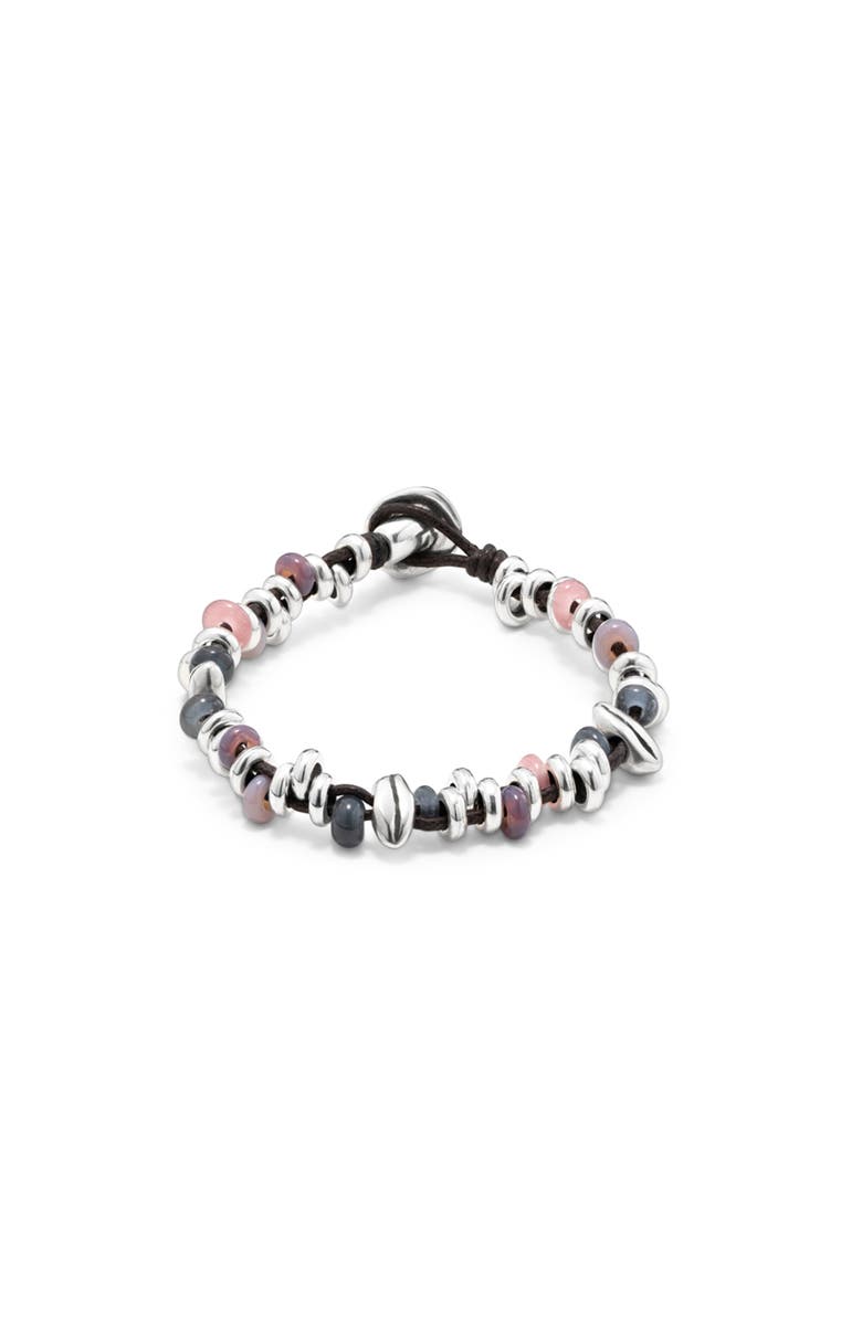 UNODE50 Braided Leather and Bead Bracelet, Main, color, Silver