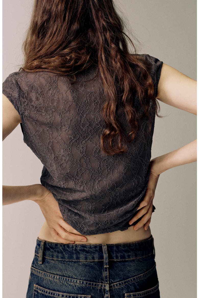 Bow Lace Top with Cut-Out Detail, Alternate, color, GREY