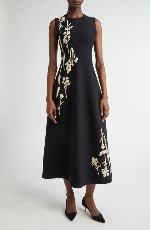 Hailey Floral Raffia Embroidered Knit Fit & Flare Dress