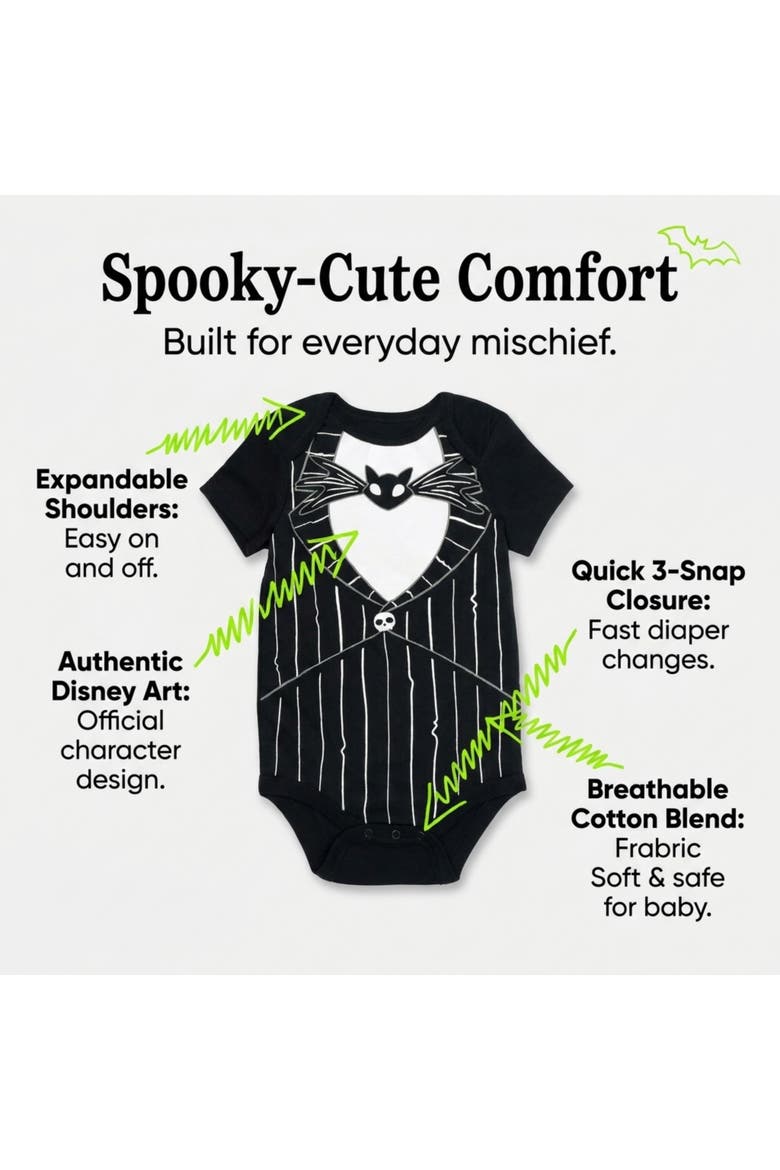Nightmare Before Christmas 5-Pack Short Sleeve Bodysuits, Alternate, color, Black Grey Neon Green