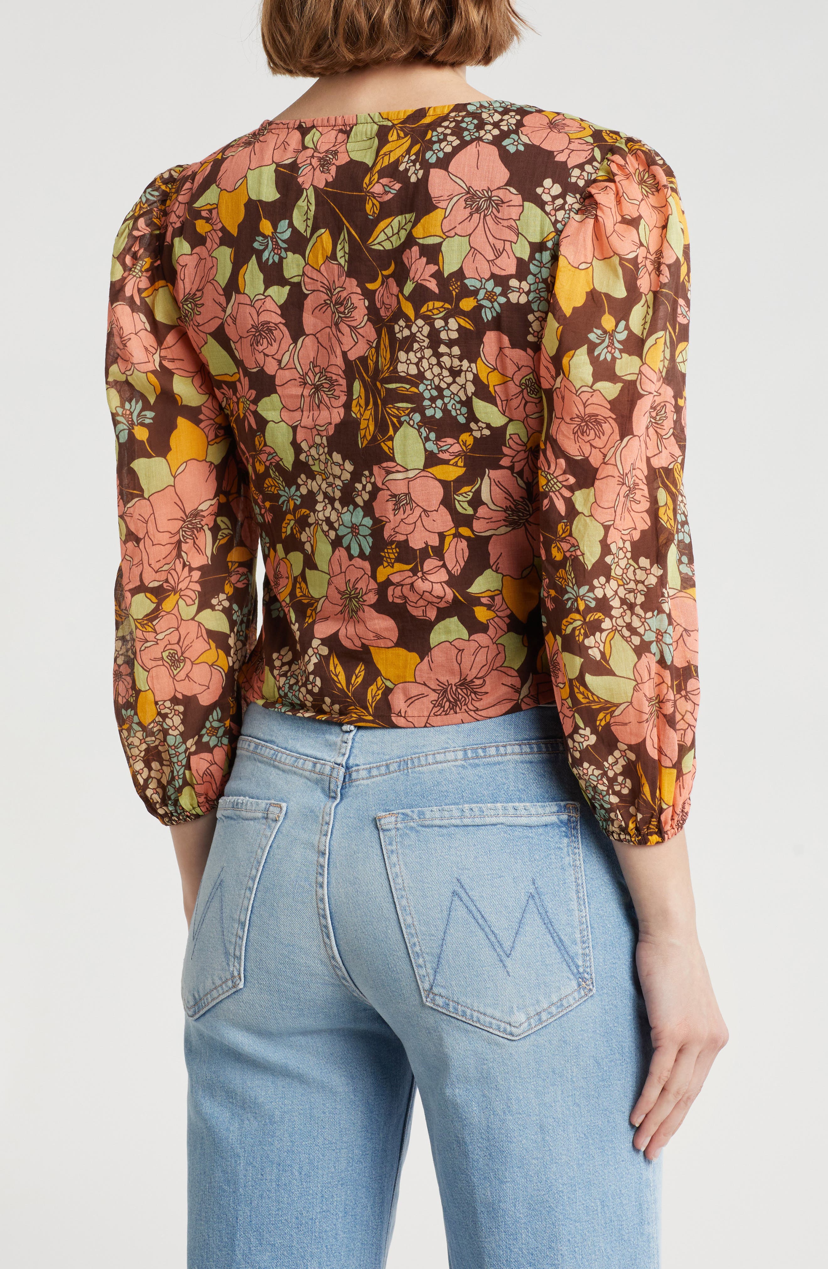 Floral Ruched Three-Quarter Sleeve Top - image 2