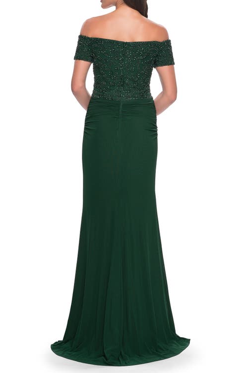 LA FEMME LA FEMME NET JERSEY LONG GOWN WITH EXQUISITE BEADED DESIGN