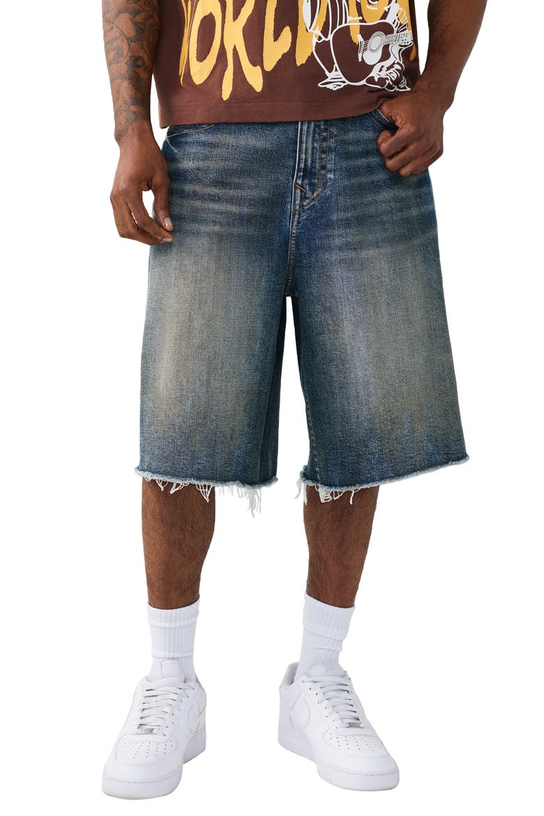 Mikey Frayed Baggy Denim Shorts, Main, color, CHAINLINK DISTRESS DARK WASH