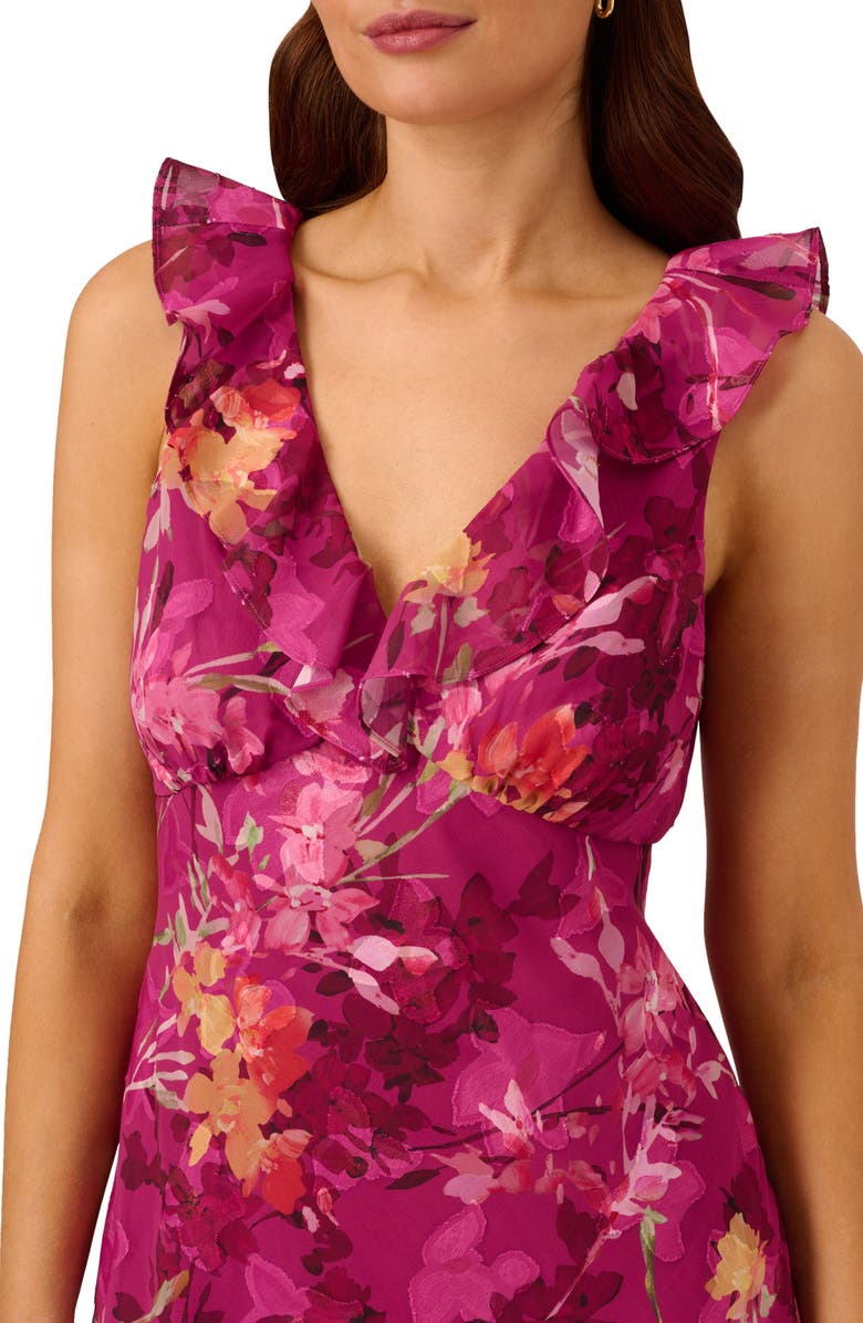 Adrianna Papell Floral Print Ruffle Metallic Dress, Alternate, color, 