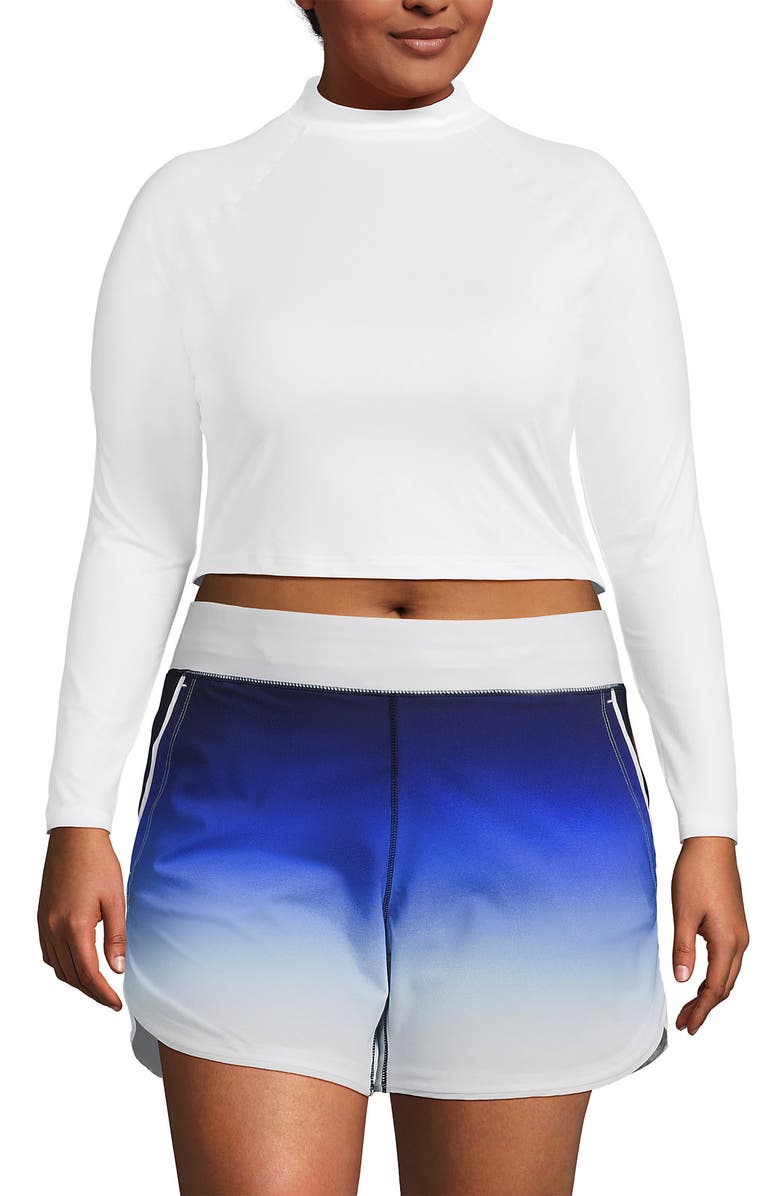 Lands' End Long Sleeve Mock Neck Cropped UPF 50 Sun Protection Rash Guard, Main, color, White