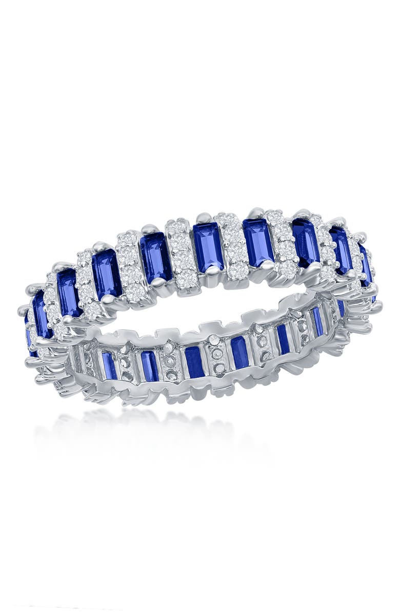 SIMONA Sterling Silver Round CZ & Sapphire Baguette Eternity Band Ring, Main, color,