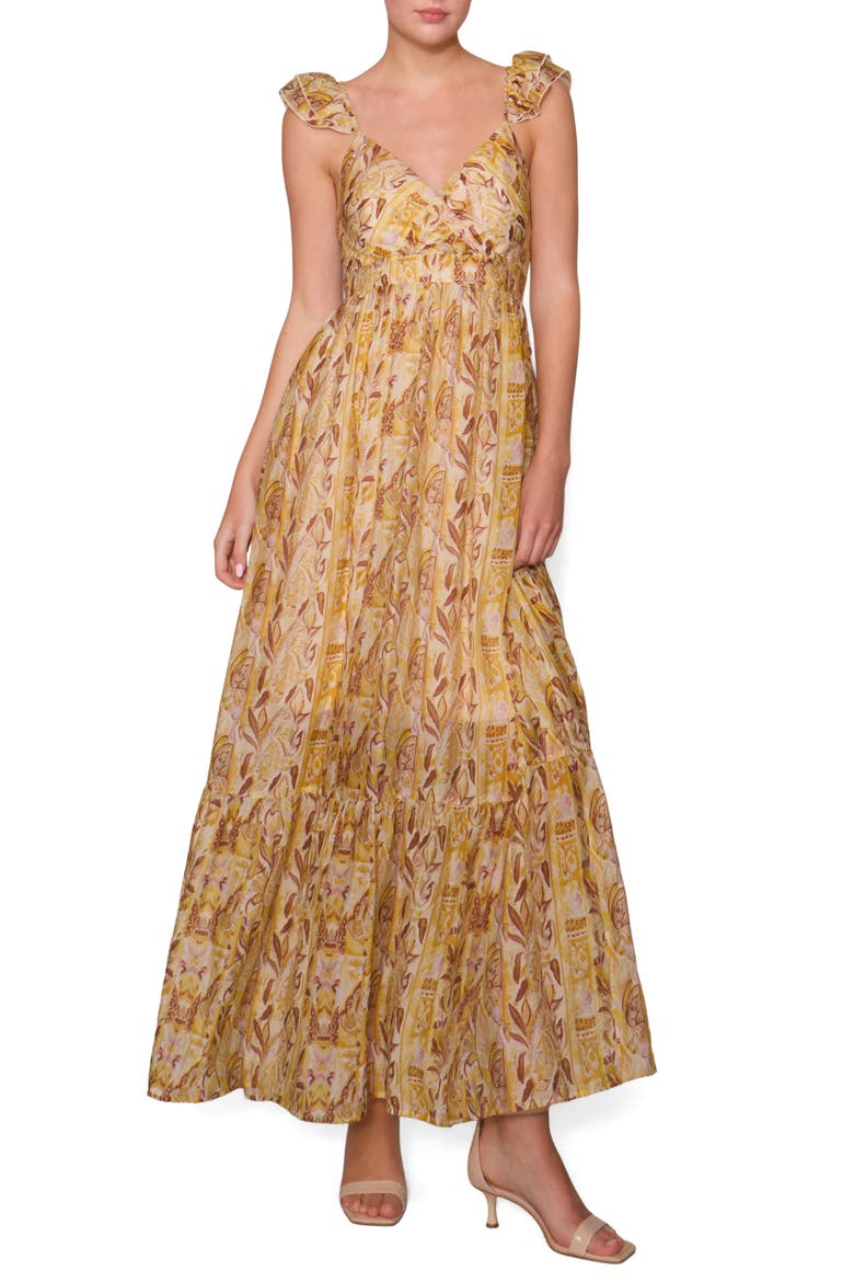 Print Tiered Maxi Dress, Main, color, MARIGOLD MULTI