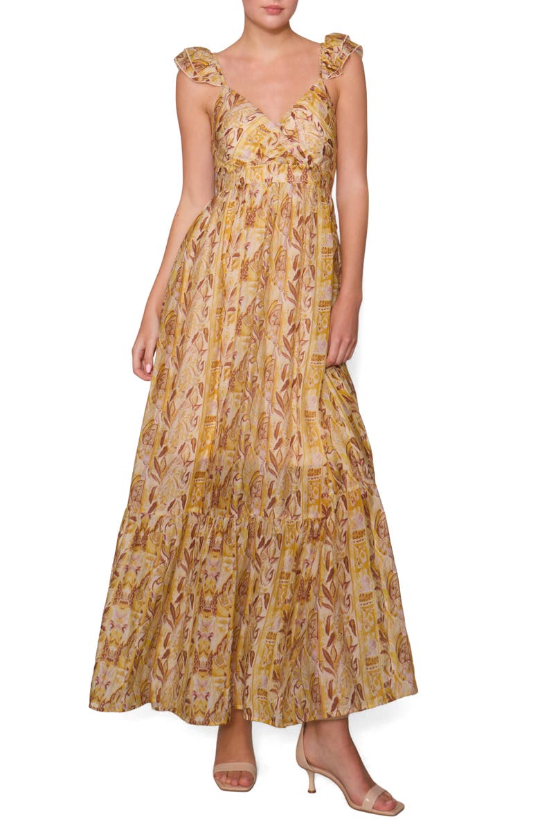 MELLODAY Print Tiered Maxi Dress, Main, color, Marigold Multi