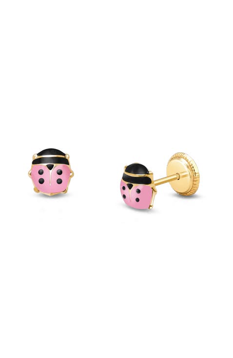 14K Gold Pink Lil' Ladybug Studs Screw Back Earrings