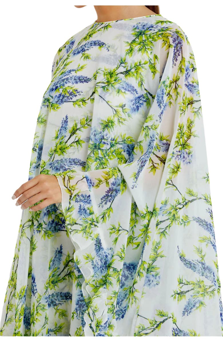 Mac Duggal Floral Print High Neck Ruffle Hem Cape Mini Dress, Alternate, color, White Multi