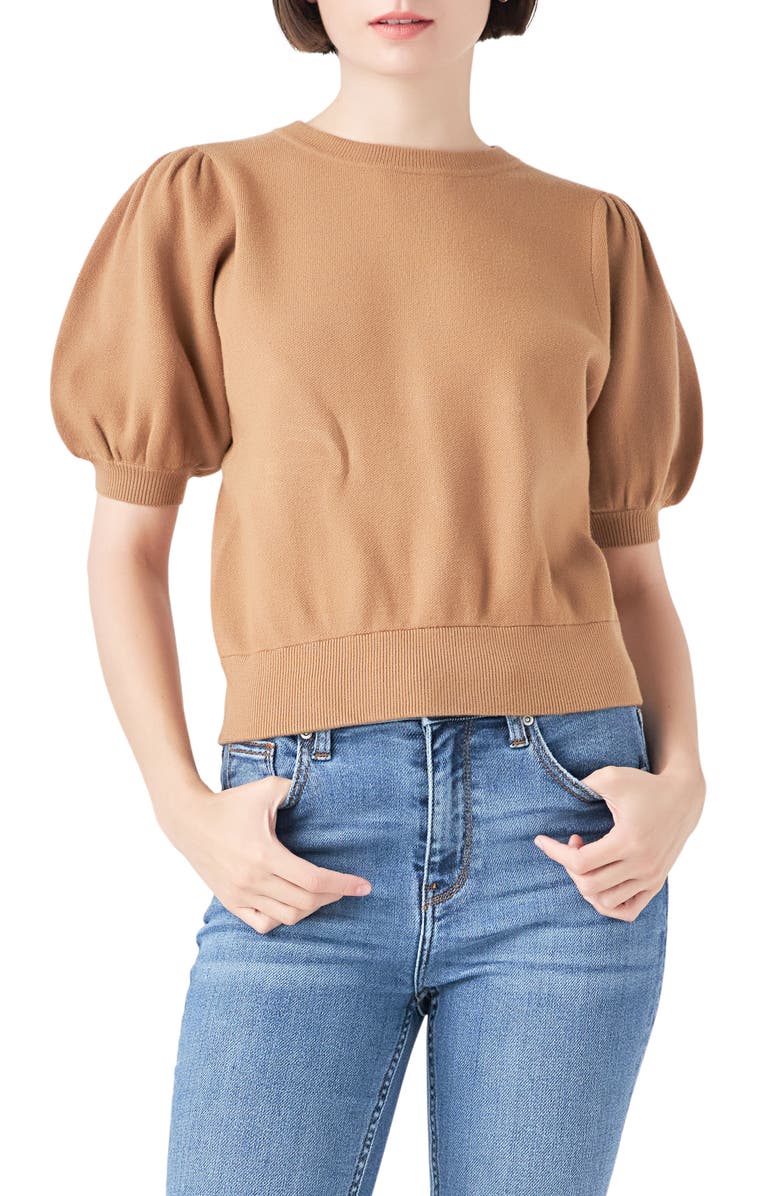 English Factory Puff Sleeve Sweater, Main, color, Taupe
