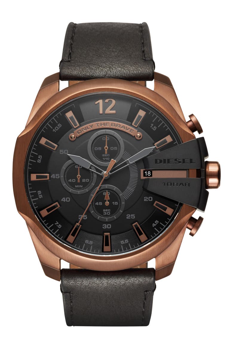 DIESEL Men's Mega Chief Chronograph Copper-Tone and Black Leather Strap Watch, 51mm, Main, color, BLACK/COPPER
