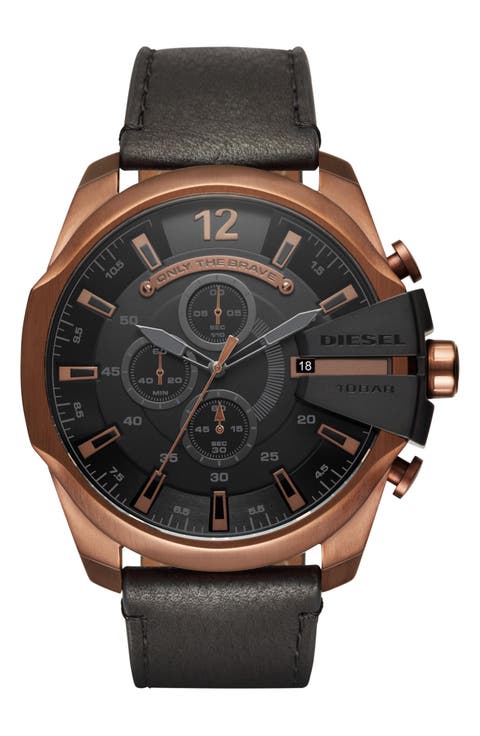 DIESEL Men's Mega Chief Chronograph Copper-Tone and Black Leather Strap Watch, 51mm