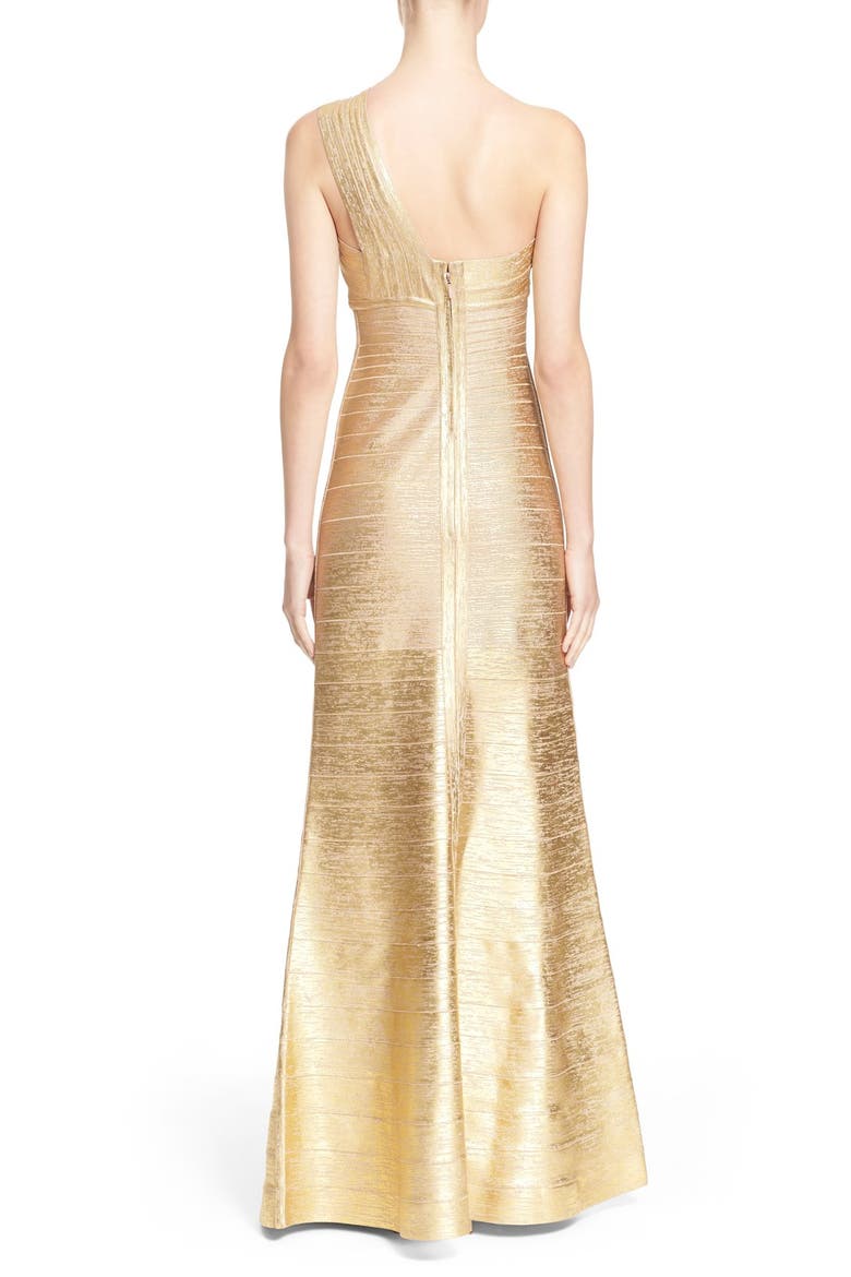'Lilyanna' One-Shoulder Woodgrain Metallic Gown, Alternate, color, GOLD COMBO