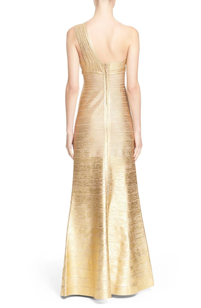 Herve Leger 'Lilyanna' One-Shoulder Woodgrain Metallic Gown, Alternate, color,