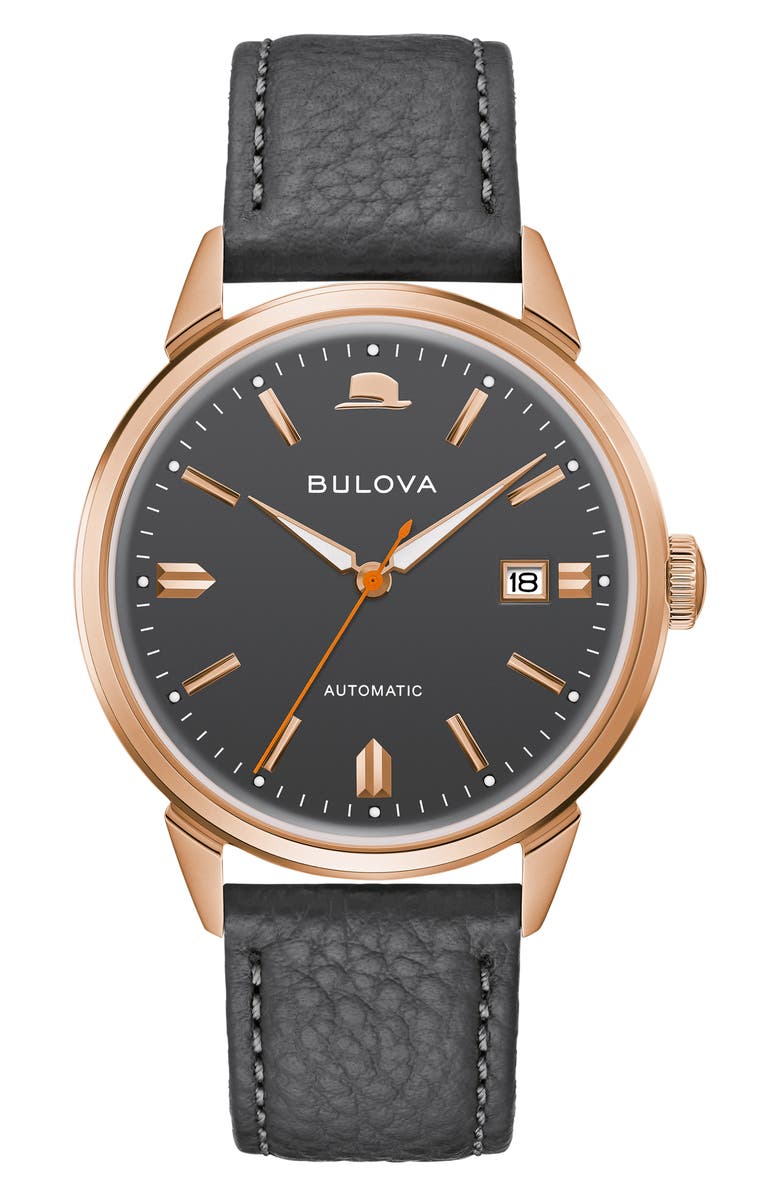 BULOVA Frank Sinatra Summer Wind Leather Strap Watch, 40mm, Main, color, Rose Gold-Tone