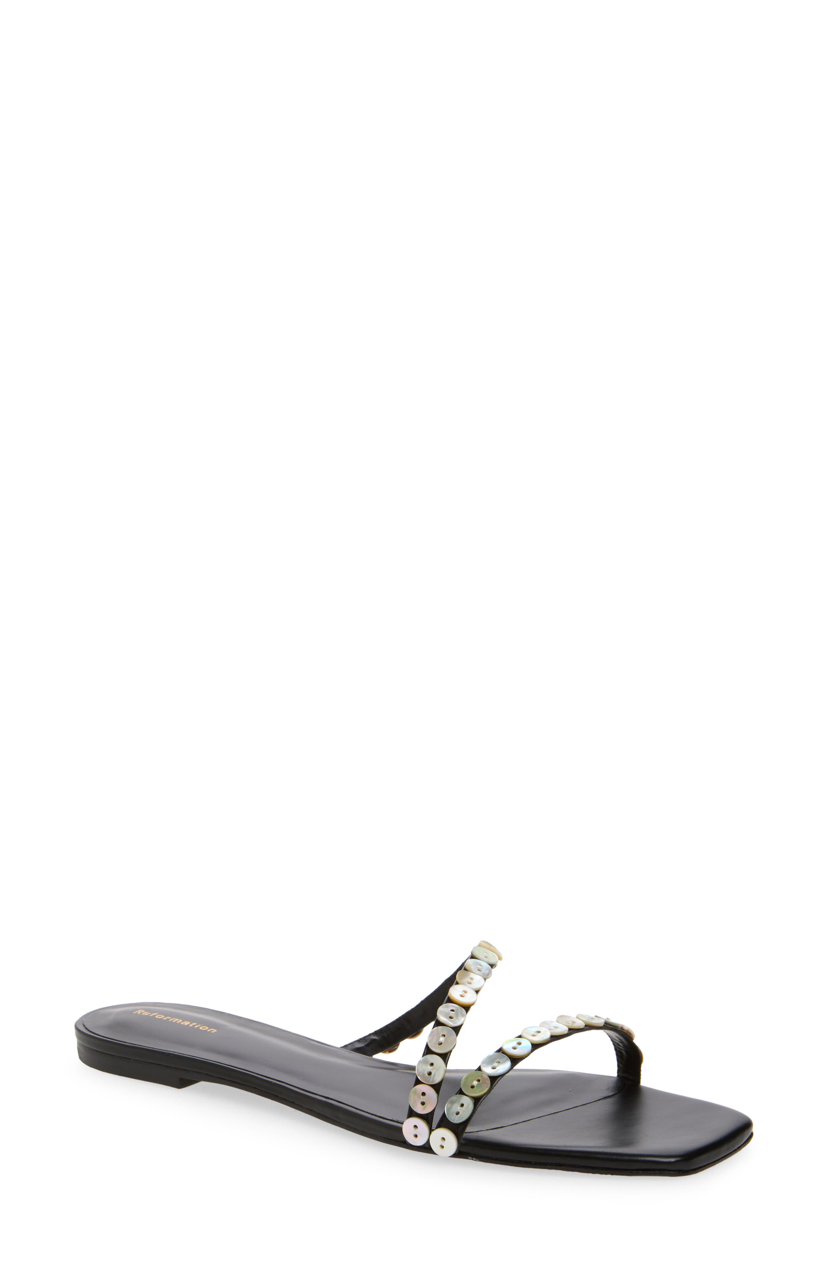 Reformation Shoshana Slide Sandal, Main, color, Black Leather Shell Buttons