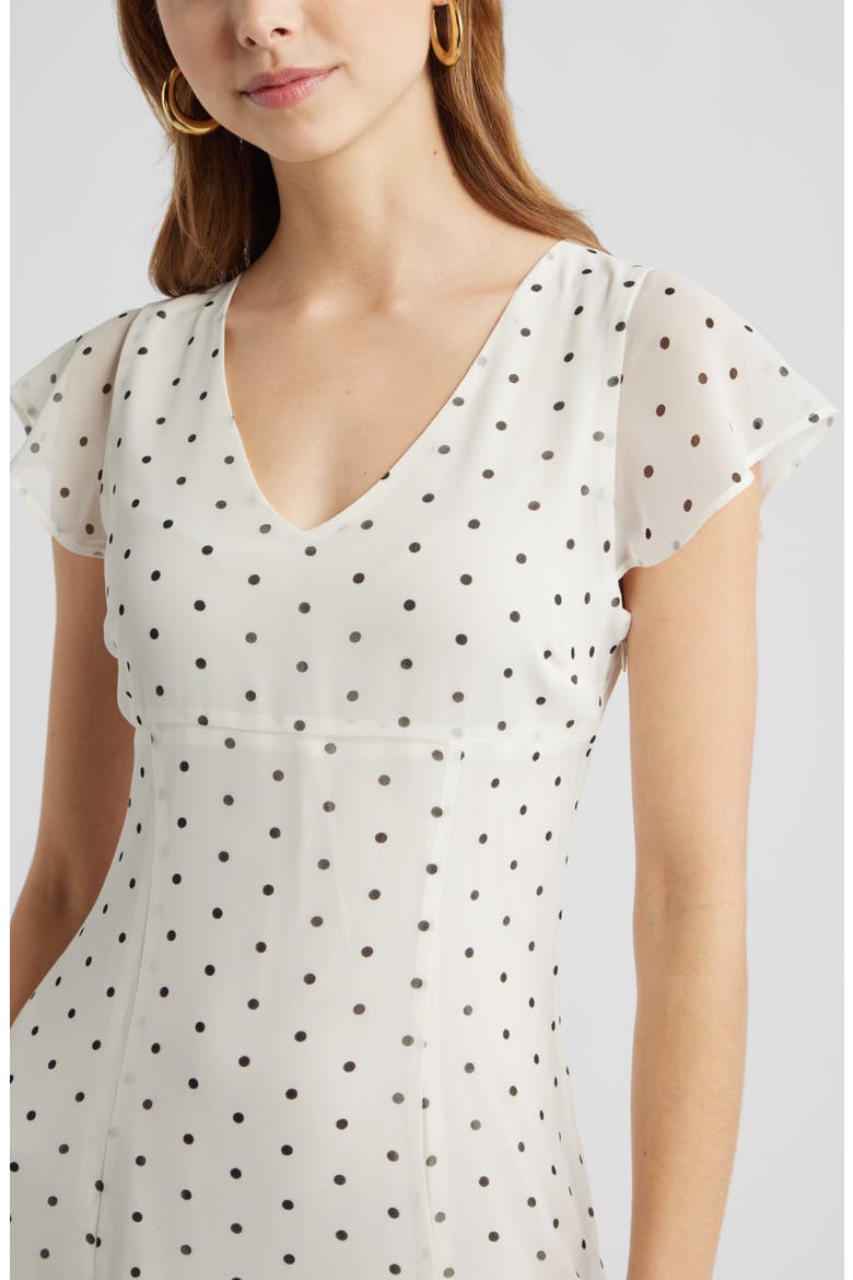 Short Sleeve Godet Pleat Dress, Alternate, color, IVORY- BLACK CORNER DOT
