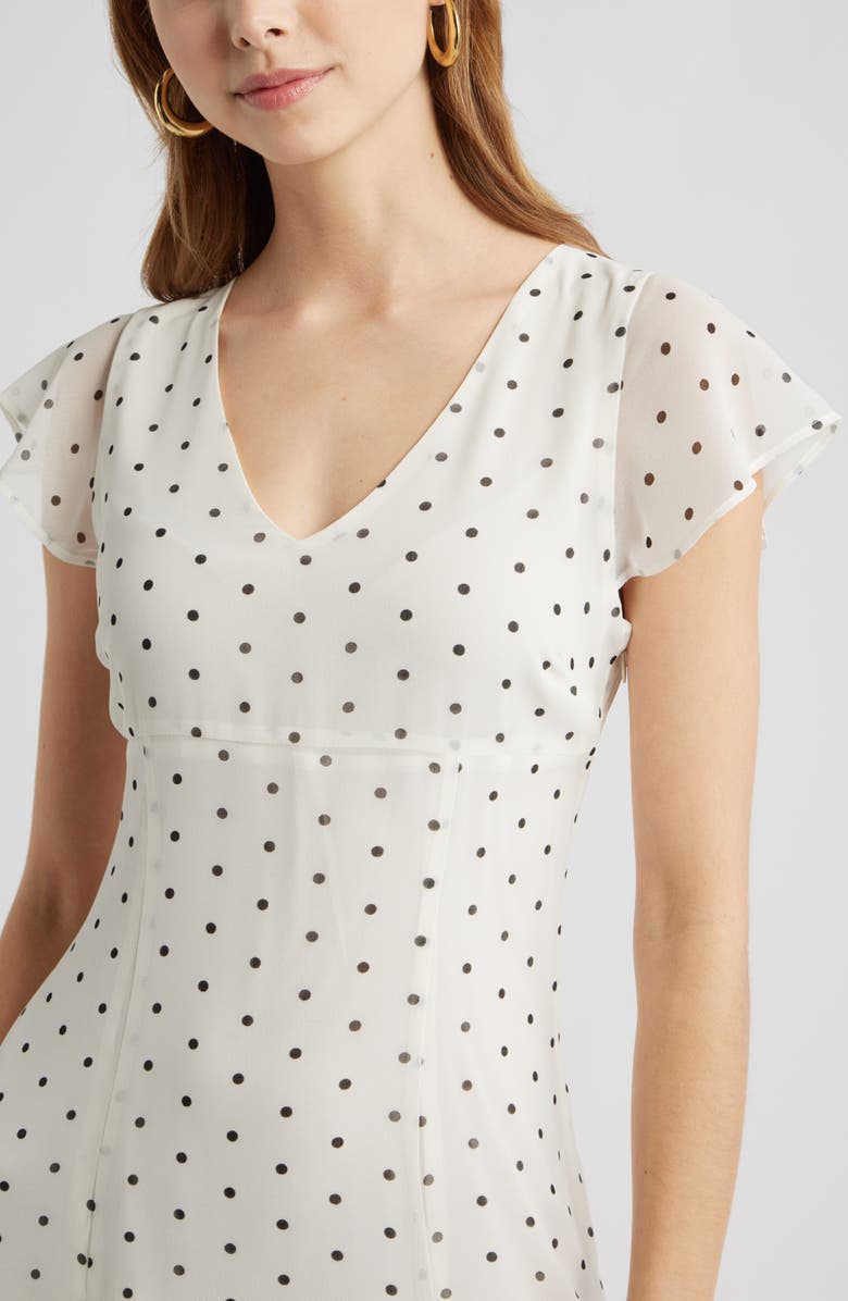 Open Edit Short Sleeve Godet Pleat Dress, Alternate, color, Ivory- Black Corner Dot