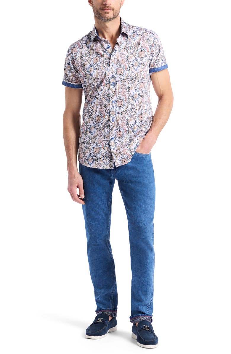 Robert Graham Pismo Short Sleeve Stretch Cotton Button-Up Shirt, Alternate, color, White Multi